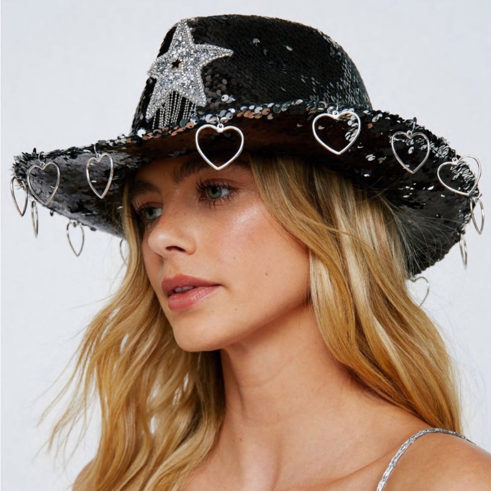 NWT-Nasty Gal Sequin Star & Heart Trim Cowboy Hat